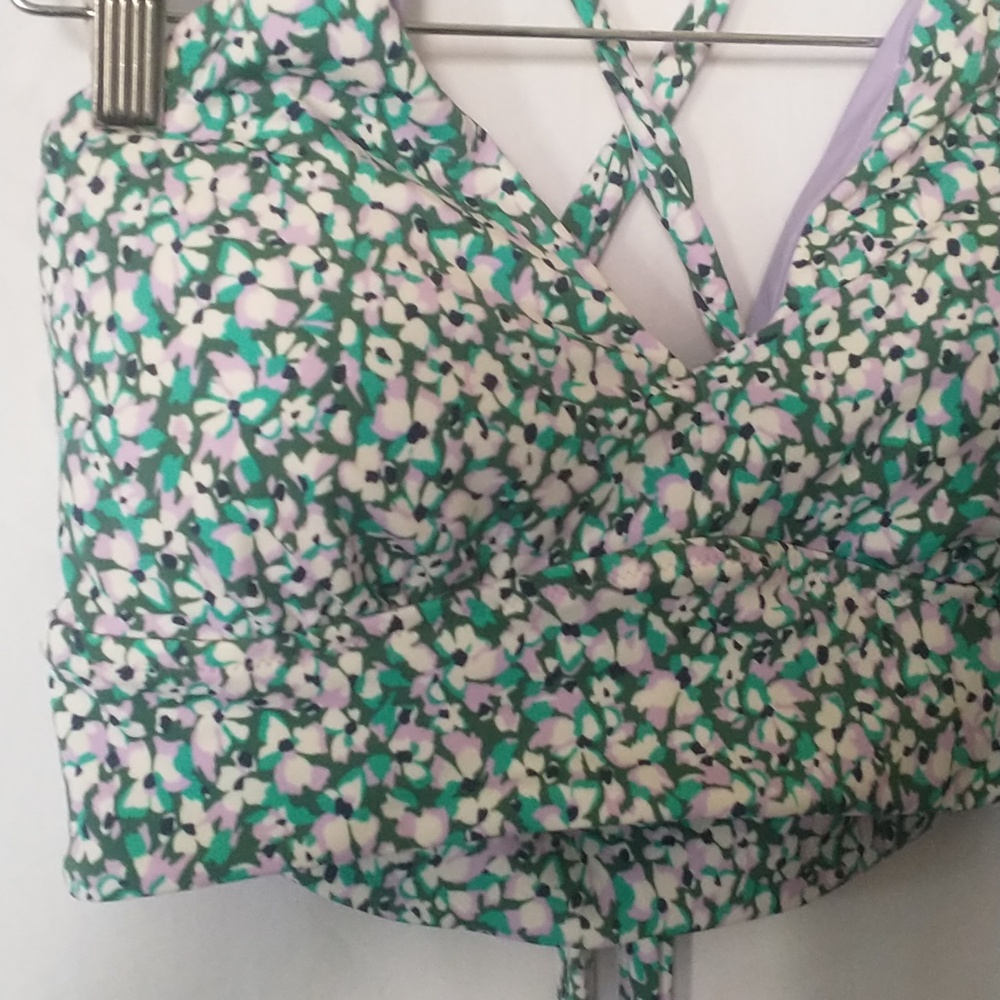 Athleta Swim Top Floral Cross-Back Crop Top in Green and Lavender Medium - Picture 2 of 4